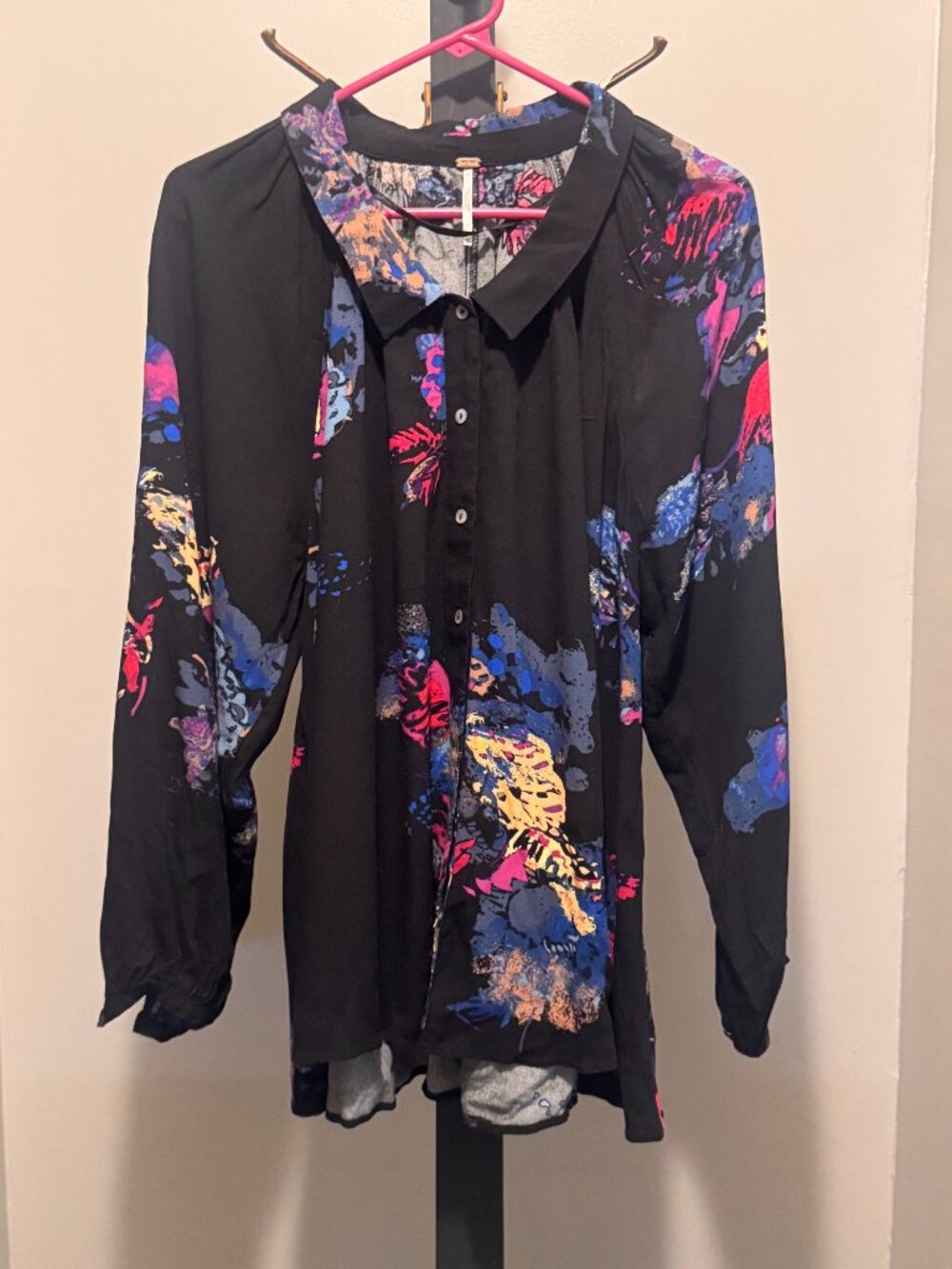 Free People Black Floral Button Front Blouse XS Long Sleeve Boho